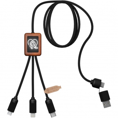 Logotrade Werbegeschenke das Foto: SCX.design C38 5-in-1 Ladekabel aus rPET in quadratischem Bambusgehäuse mit Leuchtlogo