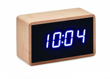 Logotrade Geschäftsgeschenke das Foto: LED Tisch Uhr Bambus Düsseldorf