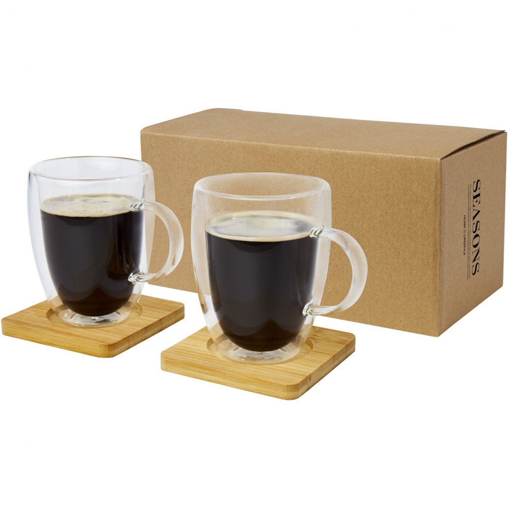 Logo trade promotional products image of: Manti 2-piece 350 ml double-wall glass cup with bamboo coaster 