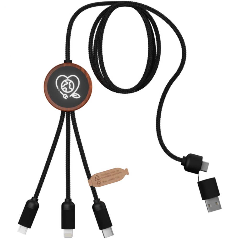 Logotrade promotional merchandise picture of: SCX.design C37 5-in-1 rPET light-up logo charging cable with round wooden casing