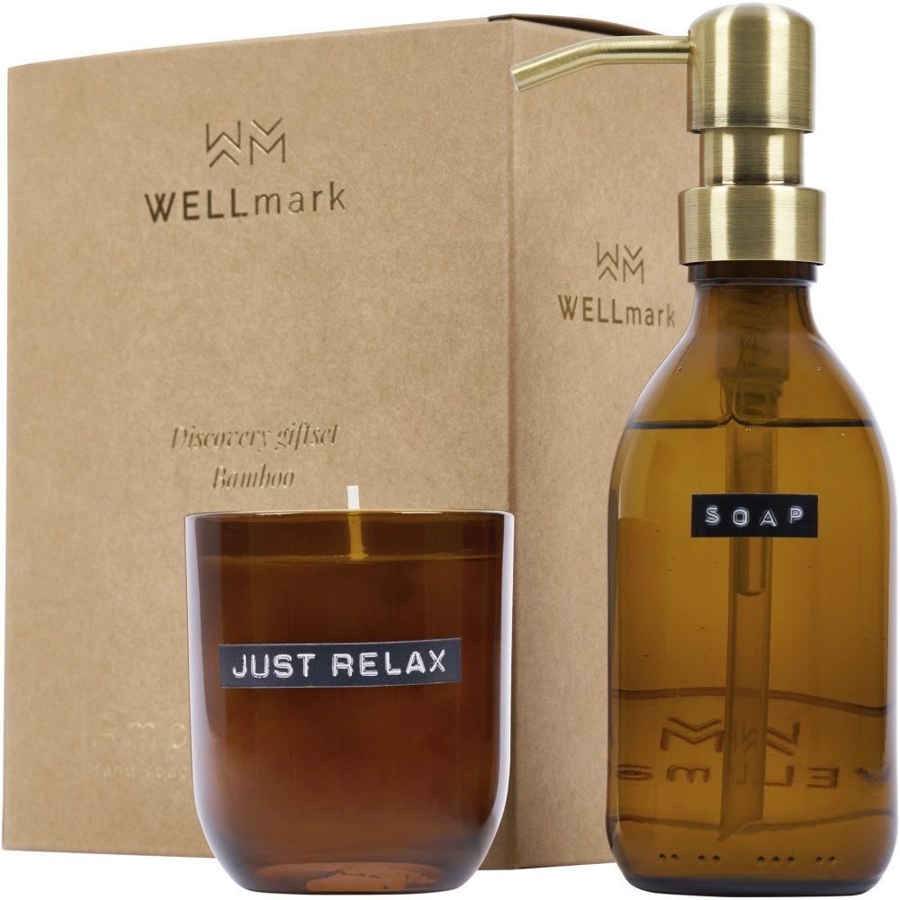 Logotrade promotional item picture of: Wellmark Discovery 200 ml hand soap dispenser and 150 g scented candle set - bamboo fragrance