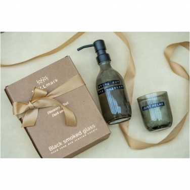 Logo trade promotional products image of: Wellmark Discovery 200 ml hand soap dispenser and 150 g scented candle set - dark amber fragrance