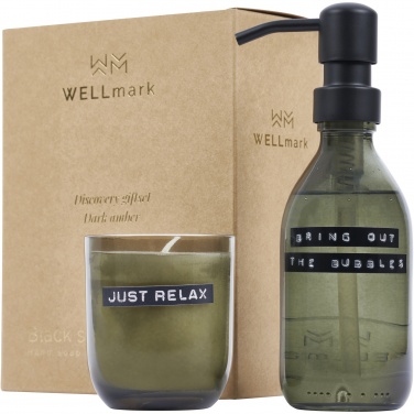 Logo trade promotional gifts image of: Wellmark Discovery 200 ml hand soap dispenser and 150 g scented candle set - dark amber fragrance