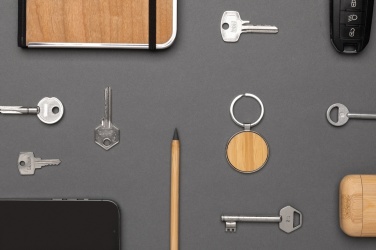 Logo trade promotional gifts picture of: RCS recycled zinc alloy round keychain with bamboo