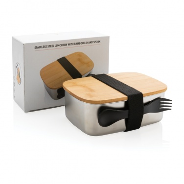 Logo trade business gifts image of: Stainless steel lunchbox with bamboo lid and spork
