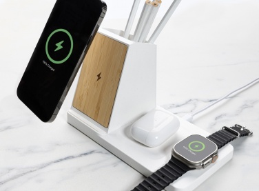 Logo trade corporate gift photo of: Ontario recycled plastic & bamboo 3-in-1 wireless charger