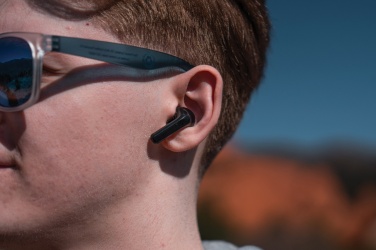 Logo trade corporate gifts picture of: Skywave RCS recycled plastic solar earbuds