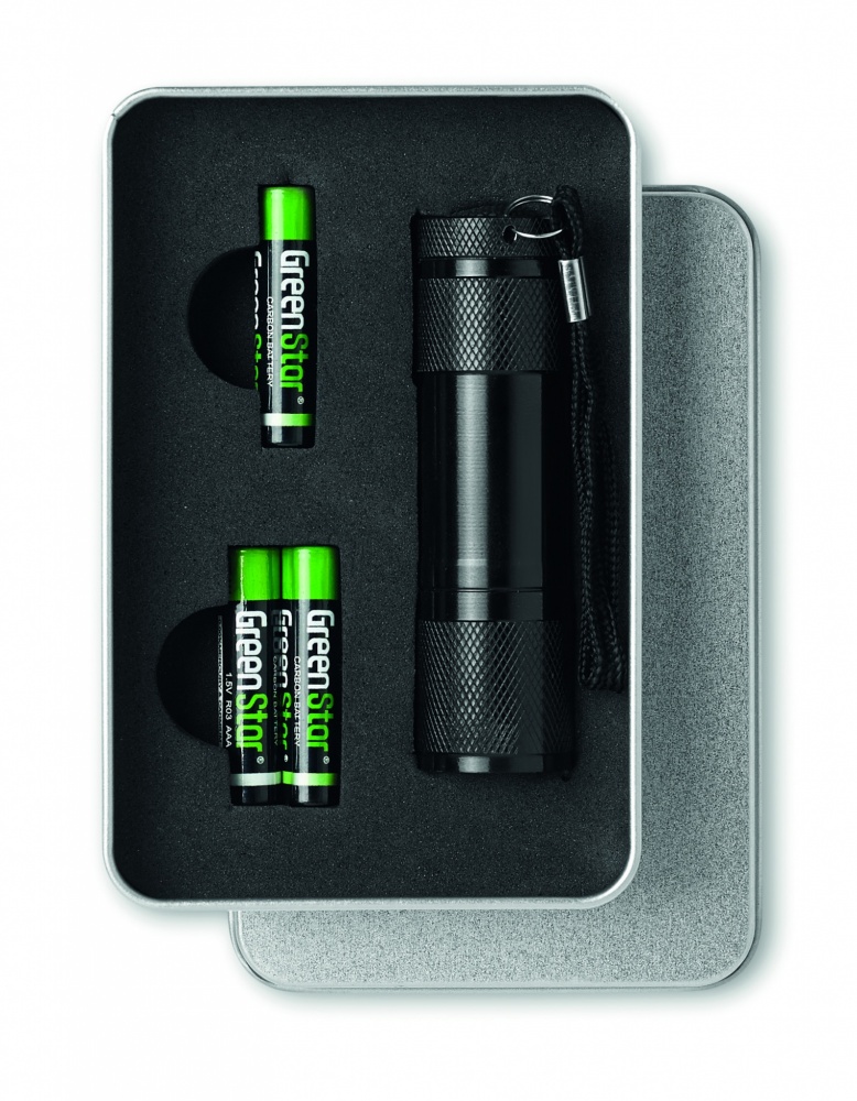 Logo trade corporate gifts picture of: LED torch in tin box