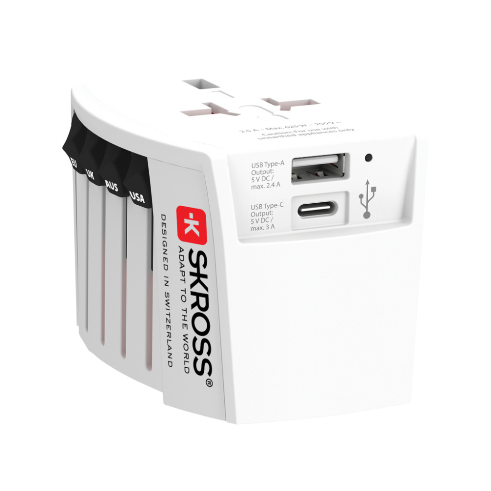 Logotrade advertising product picture of: SKROSS World Travel Adapter MUV 2-pole with USB A and C