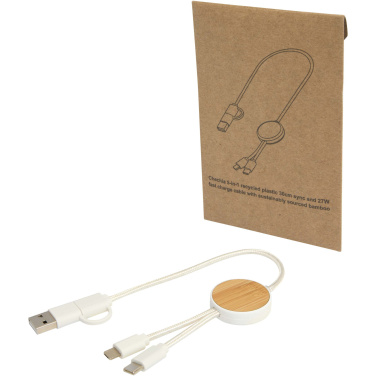 Logotrade corporate gift picture of: Chechia 5-in-1 recycled plastic 30 cm data sync and 27W fast charge cable with bamboo details