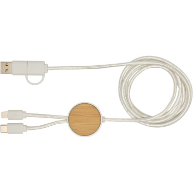 Logotrade promotional gift picture of: Chechia 5-in-1 recycled plastic 150 cm data sync and 27W fast charge cable with bamboo details