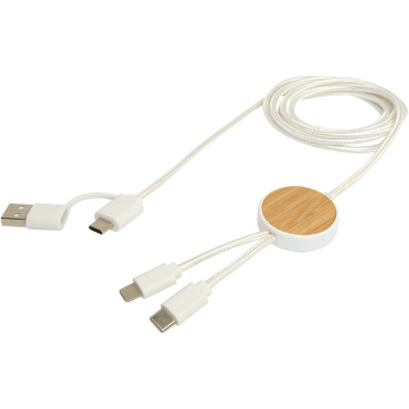 Logo trade promotional items image of: Chechia 5-in-1 recycled plastic 150 cm data sync and 27W fast charge cable with bamboo details