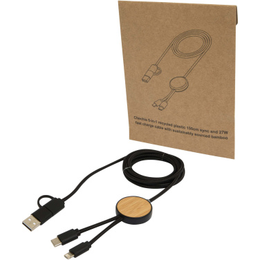 Logo trade corporate gifts picture of: Chechia 5-in-1 recycled plastic 150 cm data sync and 27W fast charge cable with bamboo details