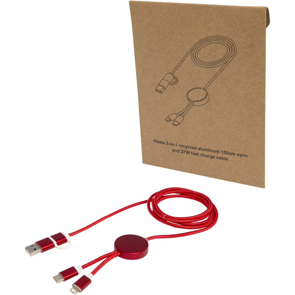 Logo trade advertising products image of: Alasia 5-in-1 recycled aluminium and plastic 150 cm data sync and 27W fast charge cable