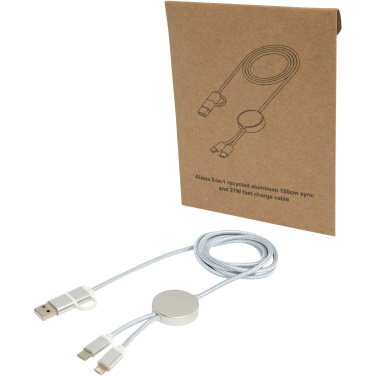 Logotrade promotional product image of: Alasia 5-in-1 recycled aluminium and plastic 150 cm data sync and 27W fast charge cable