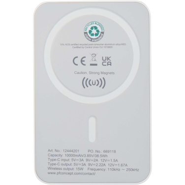 Logotrade promotional giveaway image of: Acrab 10.000 mAh 15W magnetic wireless power bank with 20W PD - made from recycled plastic