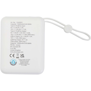 Logotrade korporatīvās dāvanas foto: Acrux 10.000 mAh 35W planšetdatora pārnēsājamais akumulators ar iebūvētu C tipa kabeli - izgatavots no pārstrādātas plastmasas
