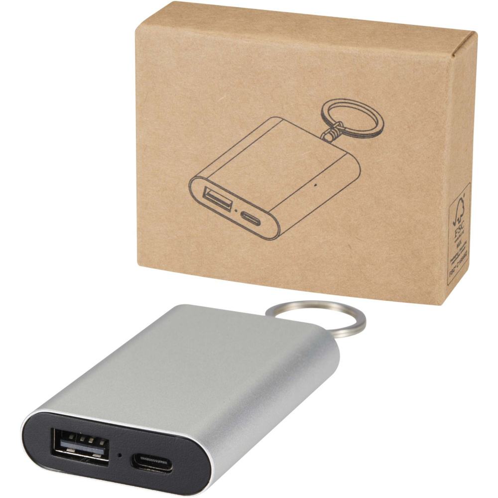 Logotrade presentreklam bild: Arcturus 2 000 mAh powerbank i återvunnet aluminium med nyckelring